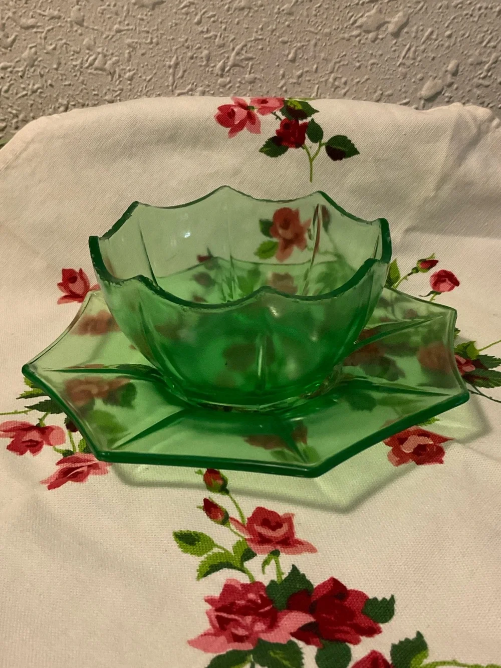 Vintage Uranium Vaseline Green Glass Bowl and saucer